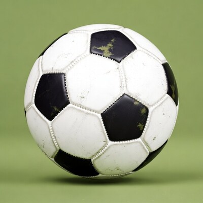 Worn soccer ball on green background