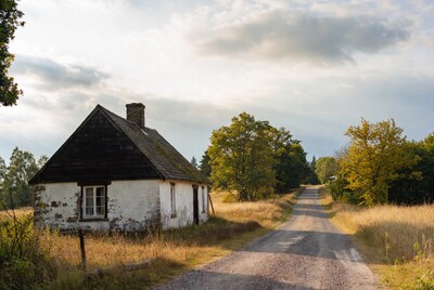 Abandoned white cottage by rural road