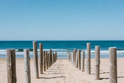 Wooden posts path to ocean beach