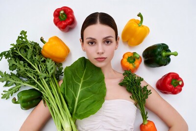 Woman surrounded by colorful peppers