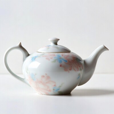 Floral porcelain teapot on white background