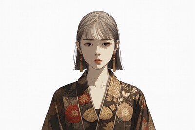 Asian woman in floral kimono illustration