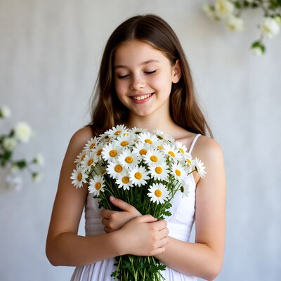 Girl holding daisies