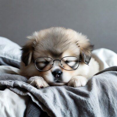 Puppy sleeping with glasses on bed