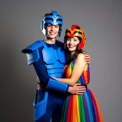 Couple in Blue and Red Power Ranger Costumes