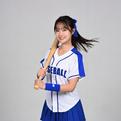 Asian girl in baseball uniform holding bat