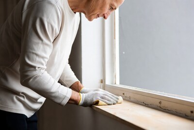 Elderly man sanding window sill