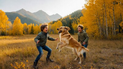 Boys playing with golden retriever in fall mountains