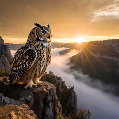 Eagle Owl on Cliff at Sunset