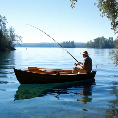Man fishing from rowboat on lake