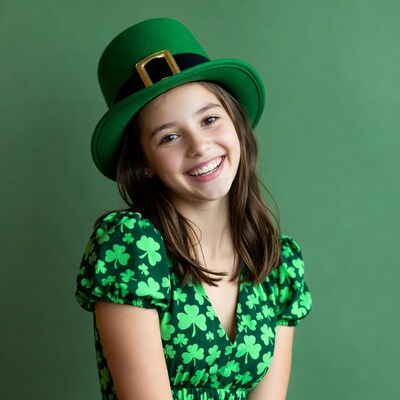 Girl in green leprechaun hat smiling