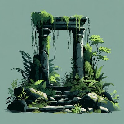 Ancient Ruins Gate Overgrown with Jungle Vines