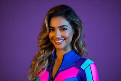 Smiling woman in neon bodysuit