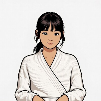 Asian girl in white wrap sweater