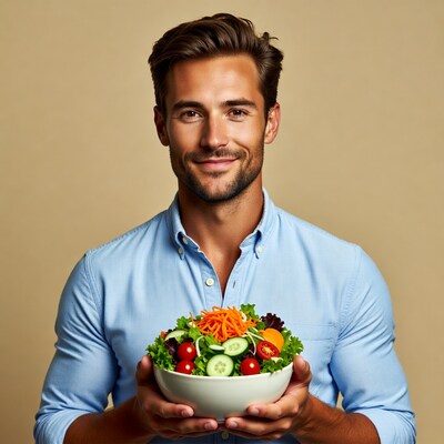Handsome man holding fresh salad bowl