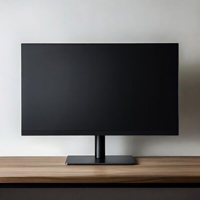 Black monitor on wooden desk
