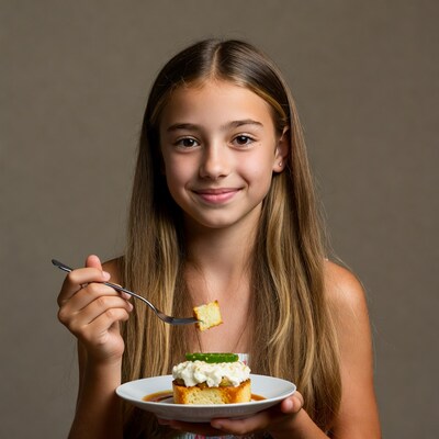Girl holding fork with cake