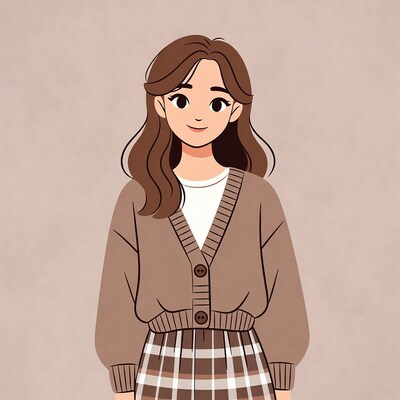 Smiling woman in beige cardigan and plaid skirt illustration