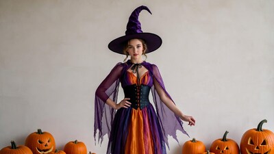 Woman in purple witch costume with pumpkins