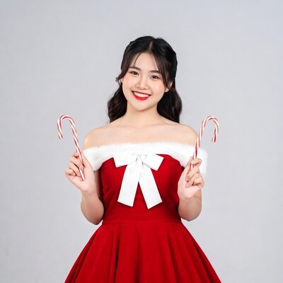 Asian woman in Santa dress holding candy canes