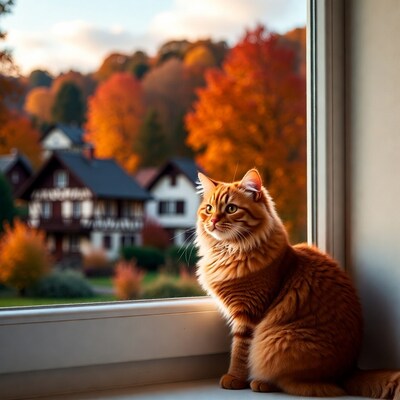 Ginger cat looking out window at autumn village