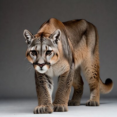 Mountain lion prowling on gray background