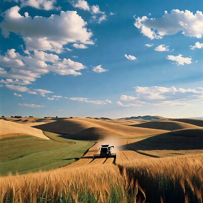 Combine Harvester in Wheat Fields