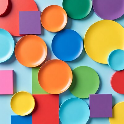 Colorful Plates and Shapes on Blue Background
