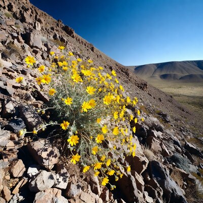 Yellow desert flowers on rocky slope