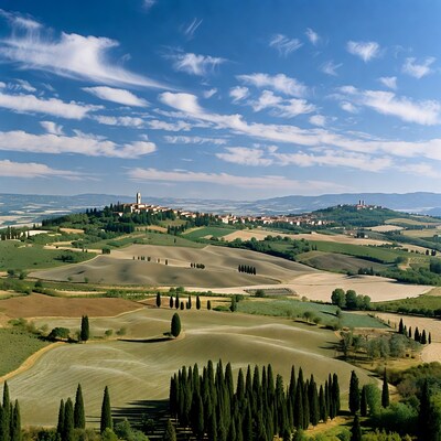 Tuscan Hillside Village with Cypress Trees