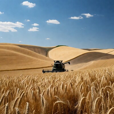 Combine harvester in golden wheat fields