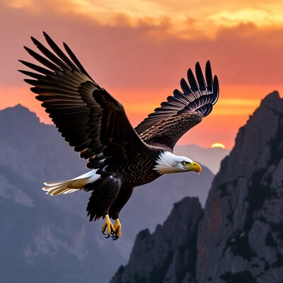 Bald eagle flying at sunset mountains