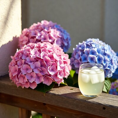 Pink and Blue Hydrangeas with Iced Drink