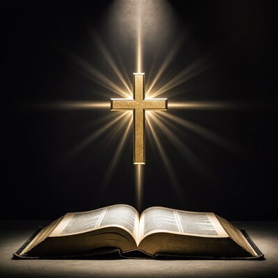 Open Bible with Glowing Golden Cross