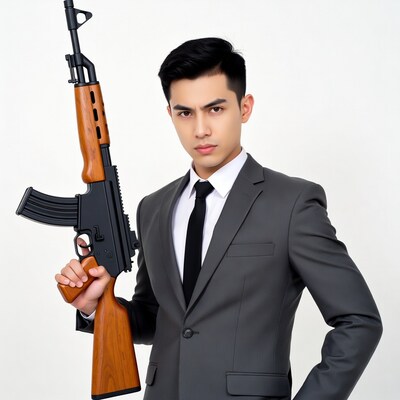 Asian man in suit holding AK47