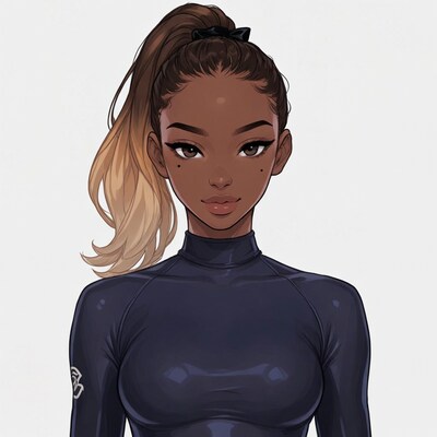 Black woman in blue bodysuit illustration