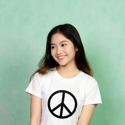 Asian girl smiling in peace sign t-shirt
