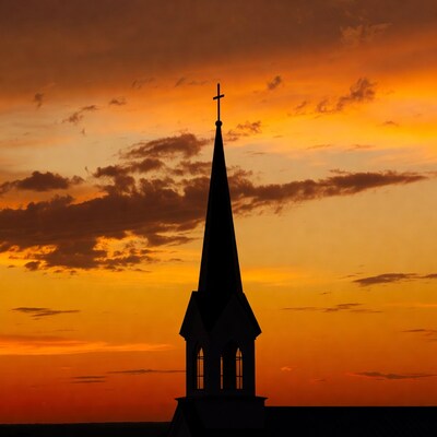Church Steeple Silhouette at Sunset