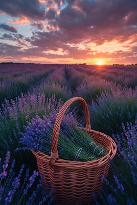 Lavender Basket in Sunset Field