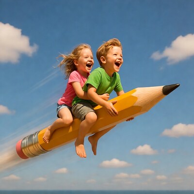 Boy and girl riding giant pencil
