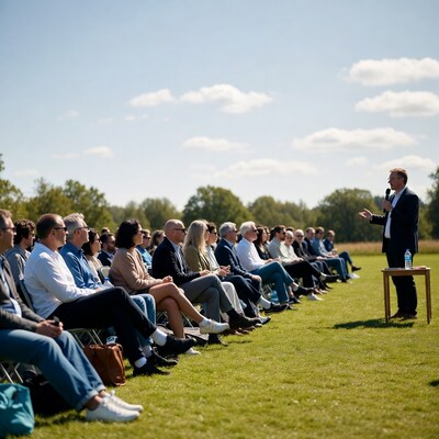 Man speaking to seated audience outdoors