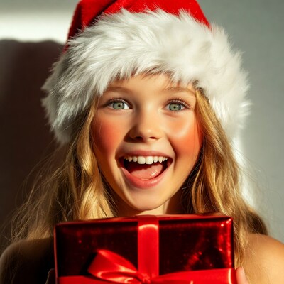Blonde girl in Santa hat holding red gift