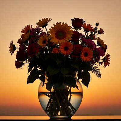 Sunflowers and Roses in Glass Vase Silhouette