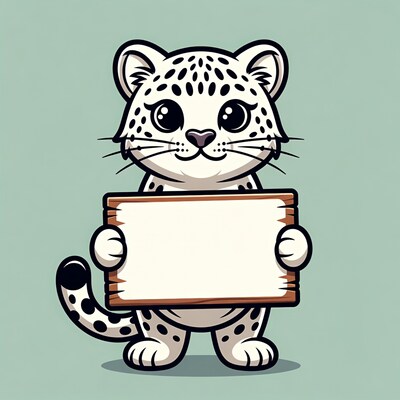 Cute snow leopard holding blank sign