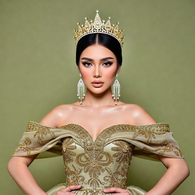 Asian woman in gold crown and gown