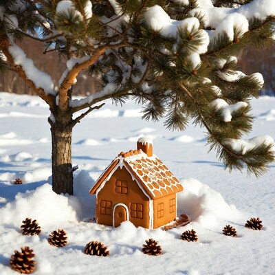 Gingerbread house under snowy pine tree