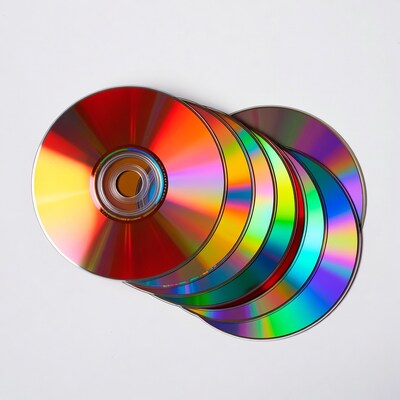 Stacked Colorful CDs on White Background
