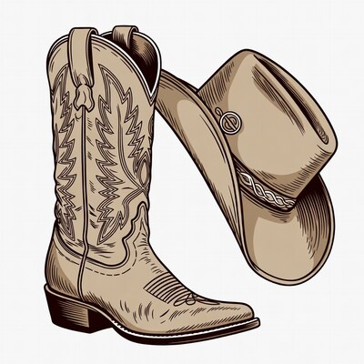 Cowboy Boots and Hat Illustration