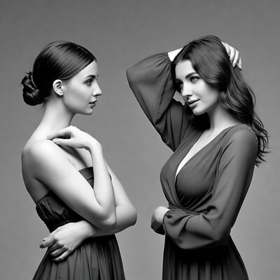 Two women posing in black dresses
