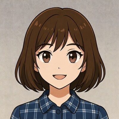 Anime girl smiling in plaid shirt